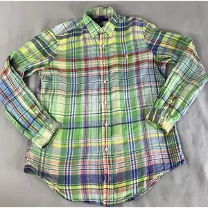 Ralph Lauren Mens Button-Up Ocean Wash Linen Shirt Madras Plaid Long Sleeve Sz L